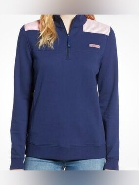 Vineyard Vines Navy Half-Zip Pullover with Pink Shoulder Stripes (IB)
